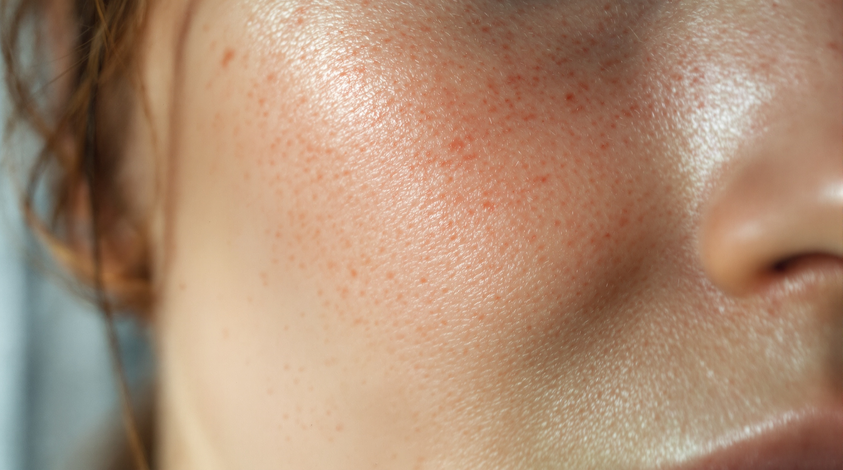 Close detail of an adult cheek and nose showing diffuse persistent facial redness in soft daylight